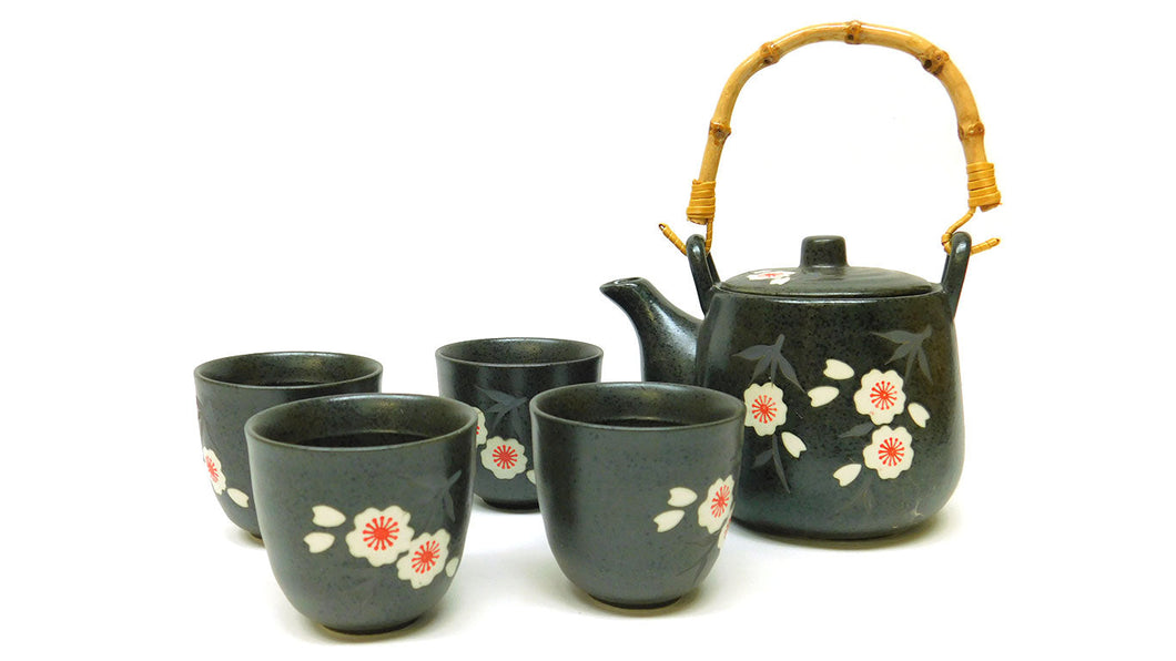 TEA SET BLACK W/FLOWERS