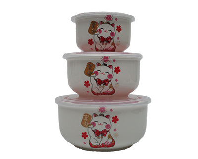 3 PC WHITE CERAMIC BOWL SET LUCKY CAT DESIGN