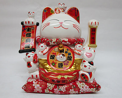 11″ WHITE CERAMIC WAVING CAT W/COIN & KITTIES