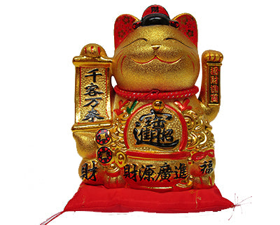 10″ GOLD CERAMIC WAVING CAT W/GOOD FORTUNE WORDING