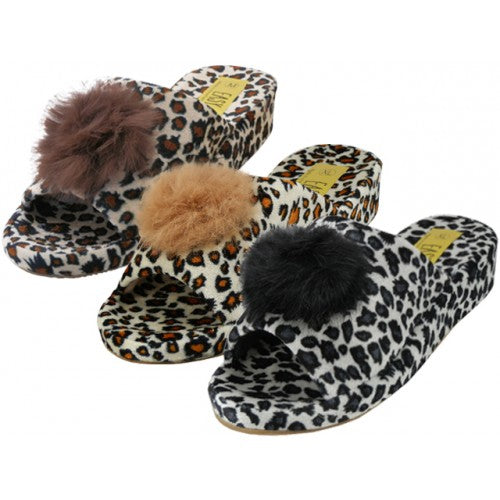 Wholesale Women's Satin Velour Leopard Print Upper Open Toe House Slippers (*Asst. Black Leopard, Beige Leopard & Brown Leopard)