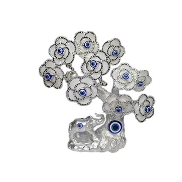 SILVER EVIL EYE TREE W/ELEPHANT & WHITE FLOWERS