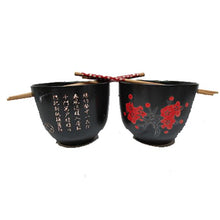 Load image into Gallery viewer, 2PC CERAMIC BOWL SET W/CHOPSTICKS RED CHERRY BLOSSOM DESIGN
