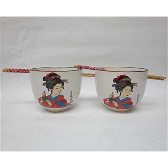 2PC BOWL SET W/CHOPSTICKS GEISHA