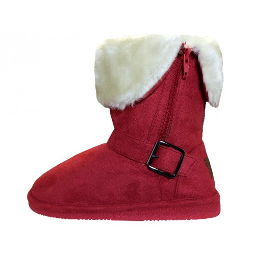Wholesale Youth's Micro Suede Fold Over Boots with Faux Fur Lining and Side Zipper Warmest Winter Boots (*Dark Red Color)