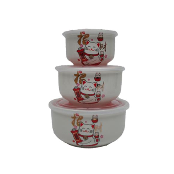 3 PC WHITE CERAMIC BOWL SET LUCKY CAT DESIGN