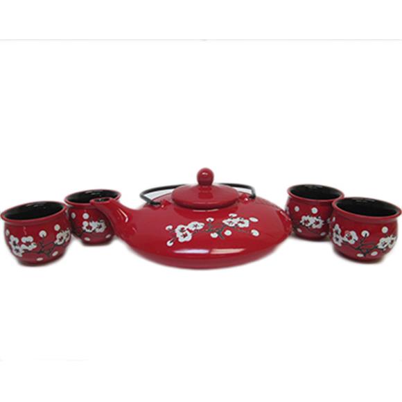 RED W/WHITE CHERRY BLOSSOM FLAT TEASET