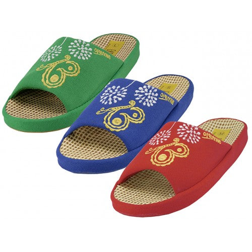 Wholesale Women Cloth Open Toe Flower Embroidery Upper House Slippers (\*Asst. Navy. Green And Red)