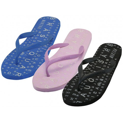 Wholesale Women's Letter Print in Sole Rubber Flip Flop (*Asst. Black, Pink & Blue)