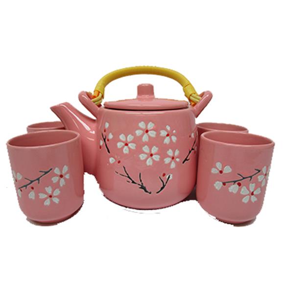 PINK CERAMIC TEASET W/WHITE FLOWERS