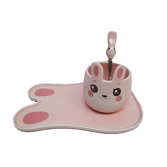 PINK RABBIT 3PC CERAMIC CUP W/PLATE & SPOON