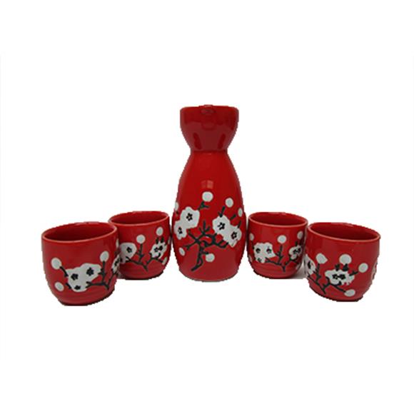 5 PC RED SAKE SET W/WHITE CHERRY DESIGN