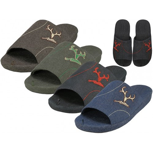 Wholesale Men's Satin Open Toes Slippers with Deer Antler Head Embroidered Upper House Slippers (*Asst. Black, Brown, Navy & Green)