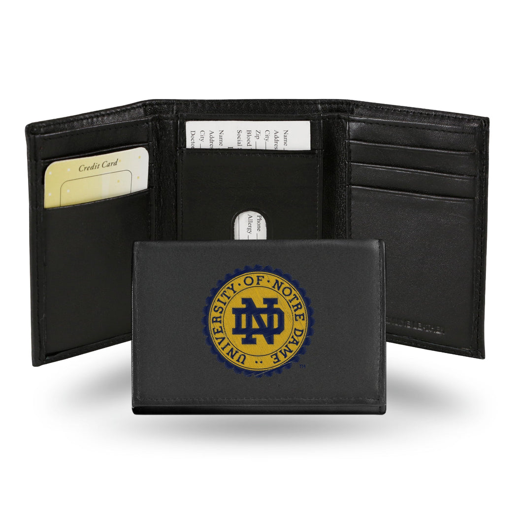 NOTRE DAME FIGHTING IRISH BLACK EMBROIDERED GENUINE LEATHER TRI-FOLD WALLET
