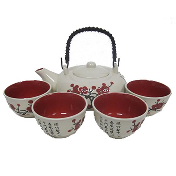 TEA SET WHITE W/RED CHERRY BLOSSOM