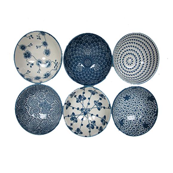 6PC BOWL SET BLUE & WHITE DESIGNS
