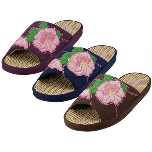 Wholesale Women's Cloth Flower Embroidery Upper Open toe House Slippers (*Asst. Navy, Brown & Purple)