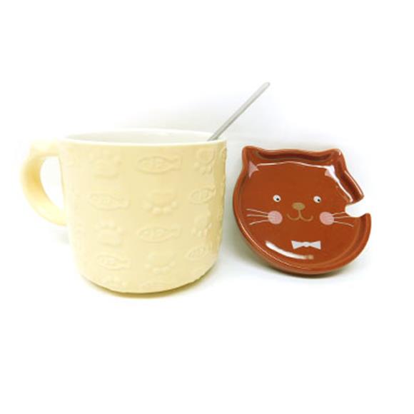 CERAMIC CAT CUP W/LID YELLOW CUP/BROWN LID