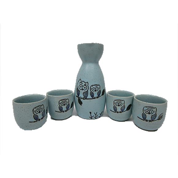 5 PC BLUE SAKE SET W/OWL DESIGN