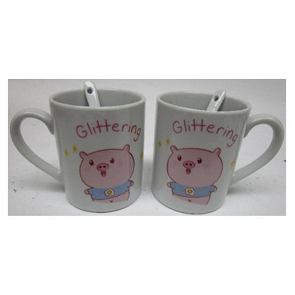 2PR CERAMIC CUP W/SPOON PIG DESIGN