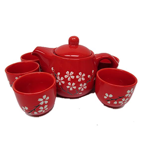 RED TEASET W/WHITE FLOWERS
