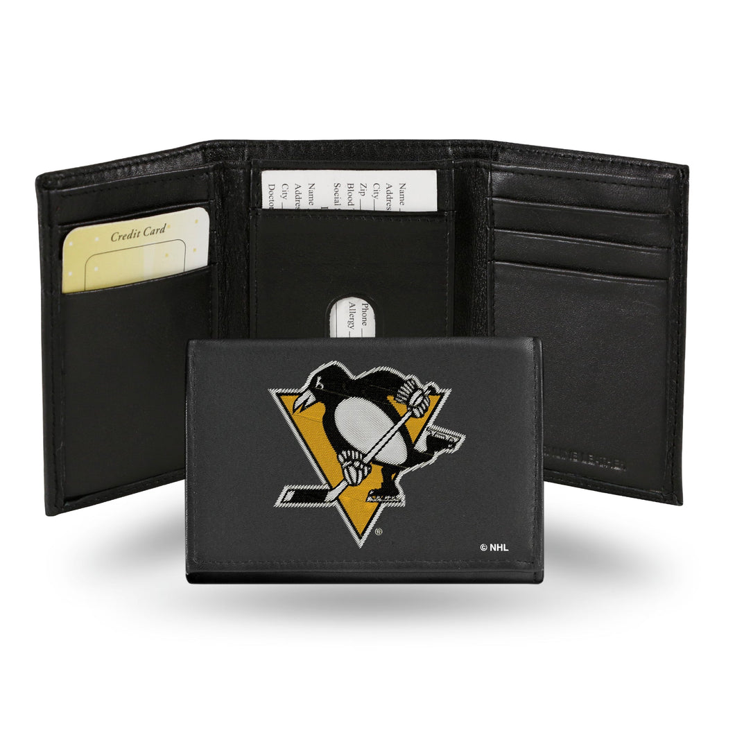 PITTSBURGH PENGUINS BLACK EMBROIDERED GENUINE LEATHER TRI-FOLD WALLET