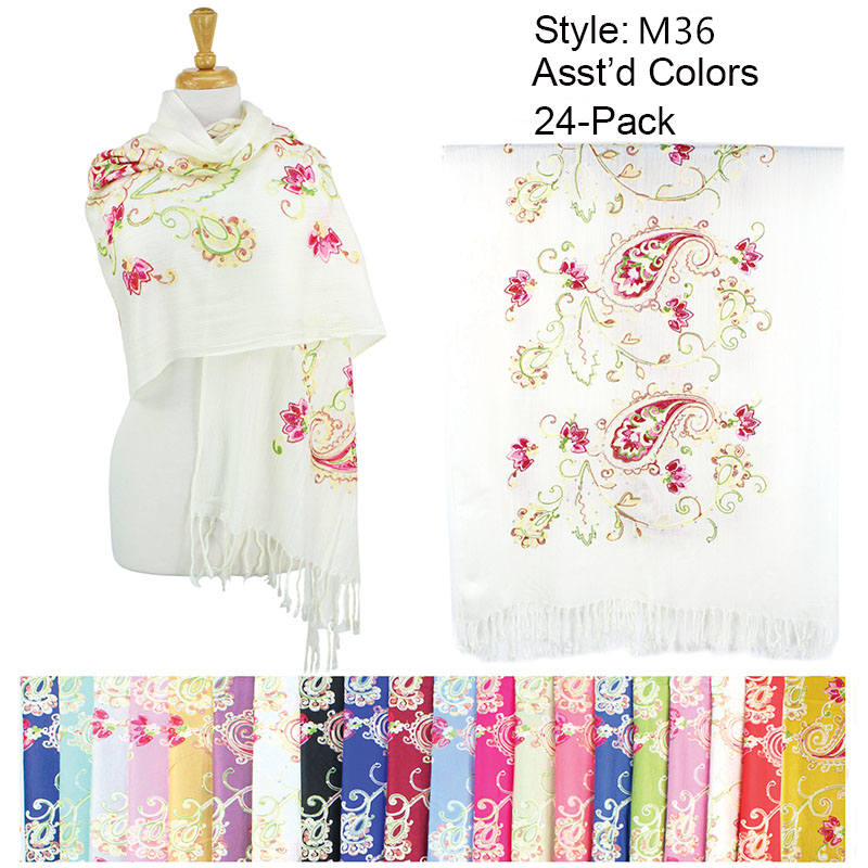 24 Pack Lightweight EMBROIDERY With Sequins Pashmina Shawls
