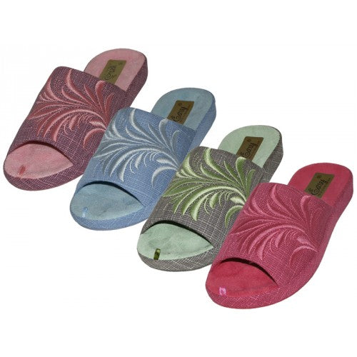 Wholesale Women's Cloth Open Toes Floral Embroidery Upper House Slippers (*Asst. Purple, Red, Blue & Green)