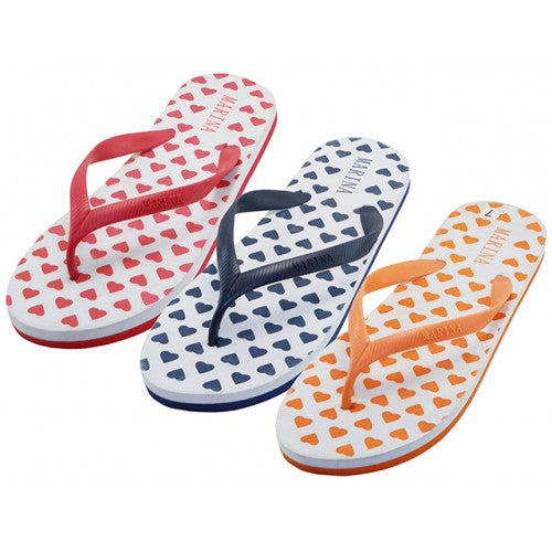 Wholesale Women's Heart Print Rubber Flip Flops (*Asst. Red, Orange & Navy)