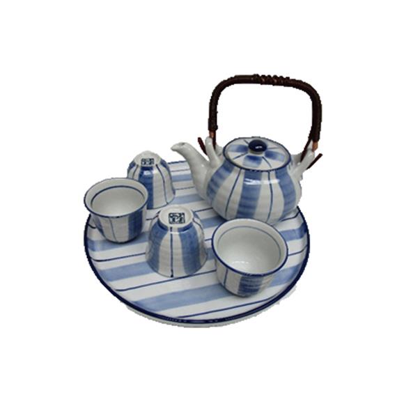 GREY TEA SET W/BLUE LINES W/TRAY