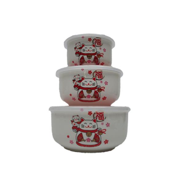 3 PC WHITE CERAMIC BOWL SET LUCKY CAT DESIGN