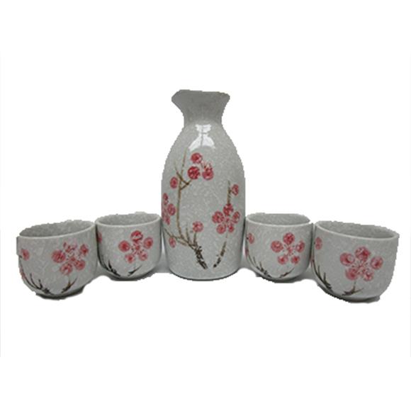 5PC CERAMIC RED FLOWER SAKE SET