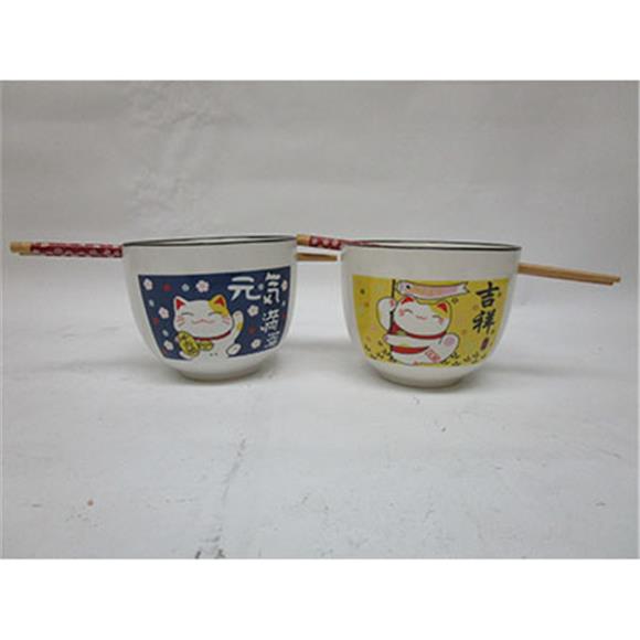 2PC LUCKY CAT BOWL SET W/CHOPSTICKS