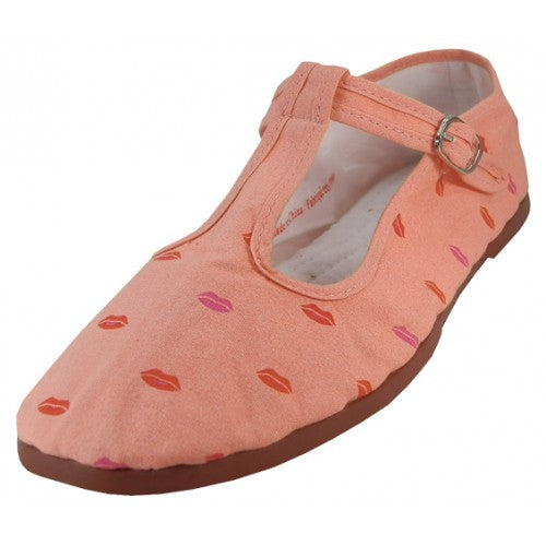 Wholesale Women's Red Lips on Pink T-Trap Printed Cotton Upper Classic Mary Jane Shoes