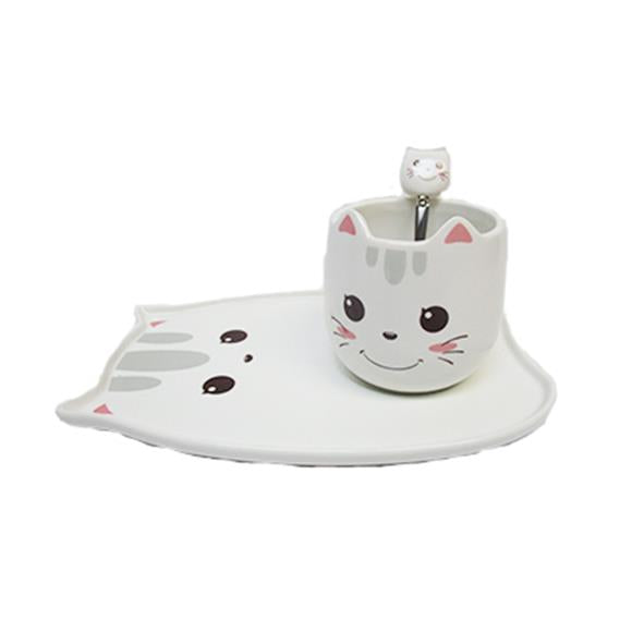 WHITE CAT 3PC CERAMIC CUP W/PLATE & SPOON