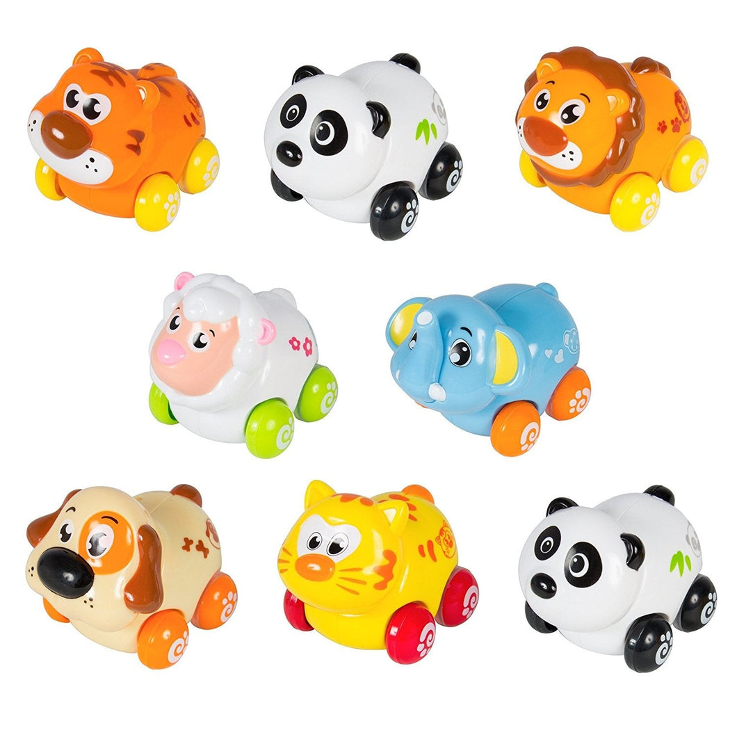 Cartoon Animals Friction Push And Go Toy Cars Play Set (Set Of 8) Panda, Cat, Elephant, Dog, Lion, Tiger And Sheep
