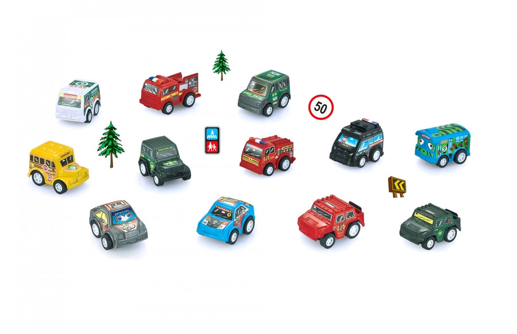 12 Piece Pull Back And Go Toy Cars With Road Signs (available for purchase in increments of 1)